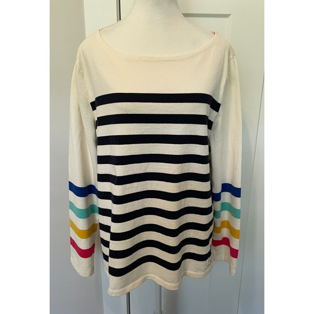 TALBOTS Womens Knit TOP Long Sleeve IVORY Blue Pink Yellow Green STRIPE Size XL